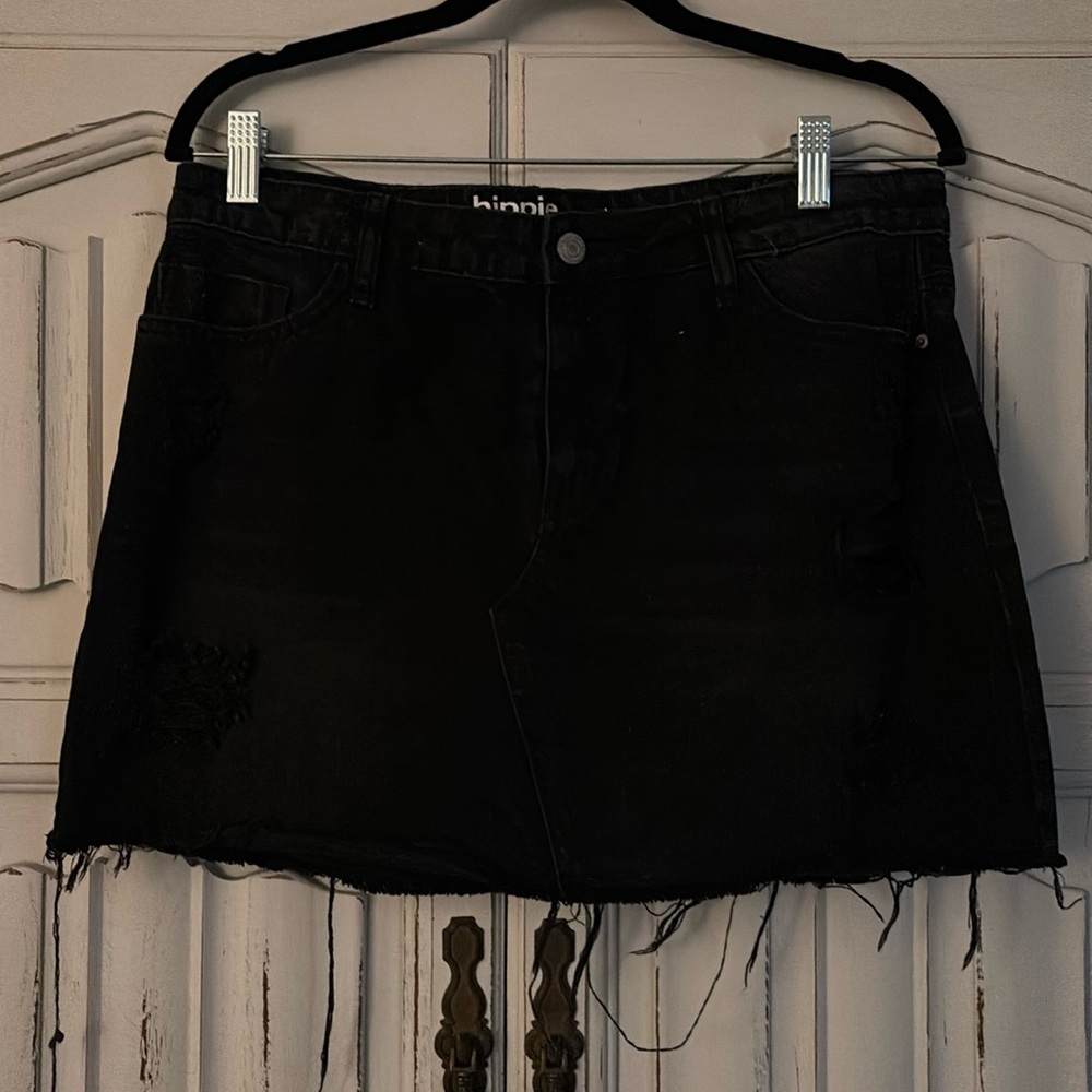 Black denim distrased mini skirt